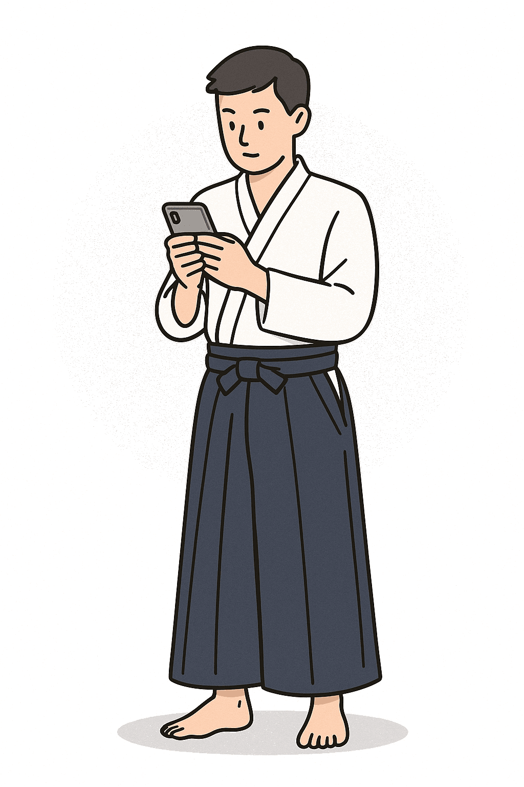 スマートフォンを持って立つ合気道家のシルエット