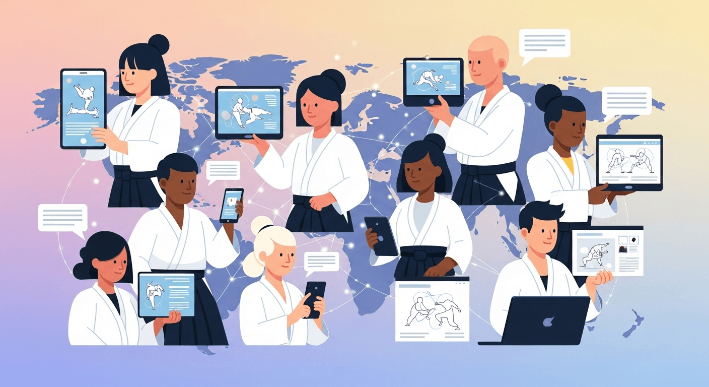 世界中の合気道家がデバイスを通じて交流するイラスト